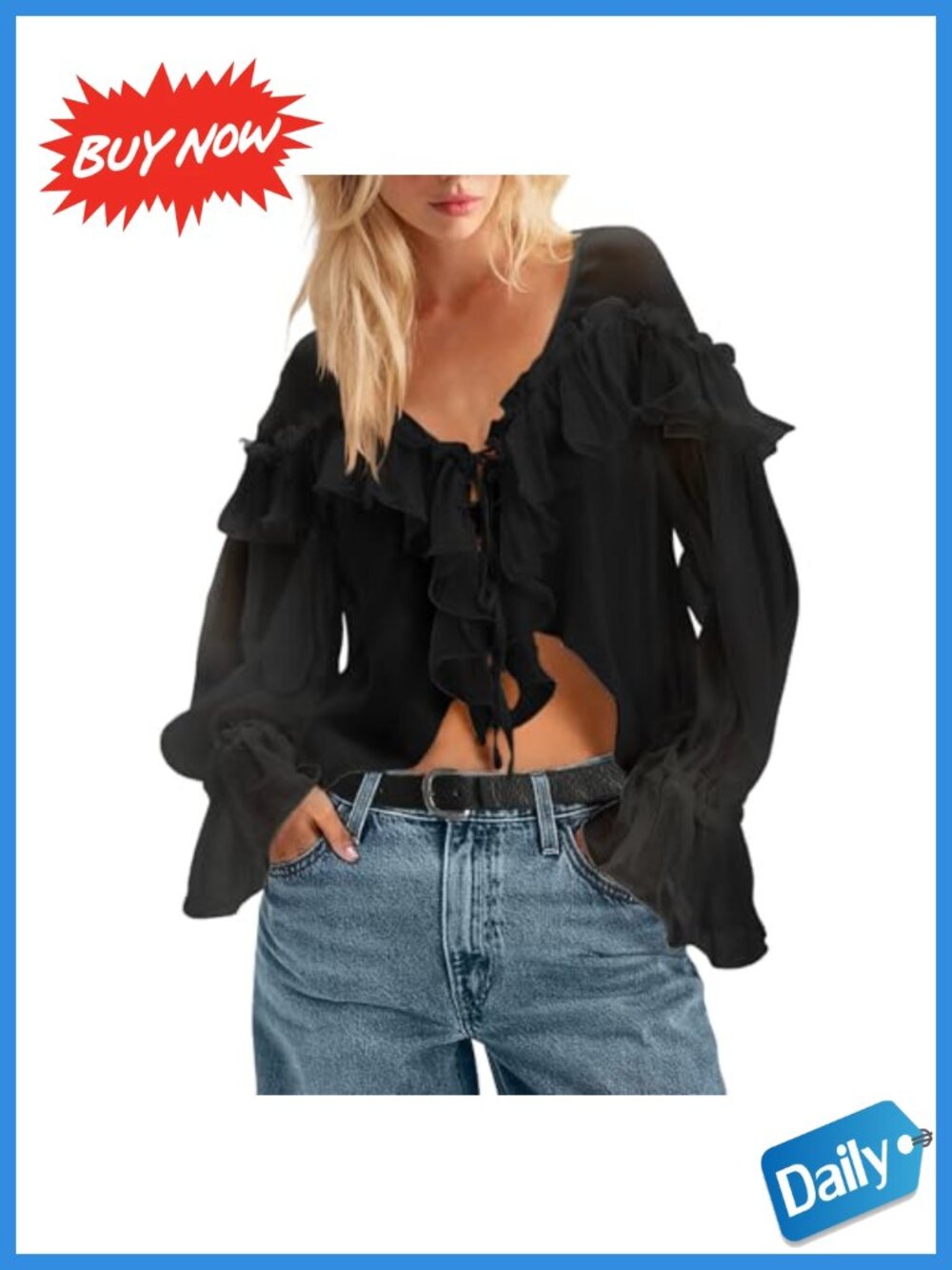 Womens Boho Chiffon Lace Tie Front Ruffle Blouse Long Sleeve V Neck